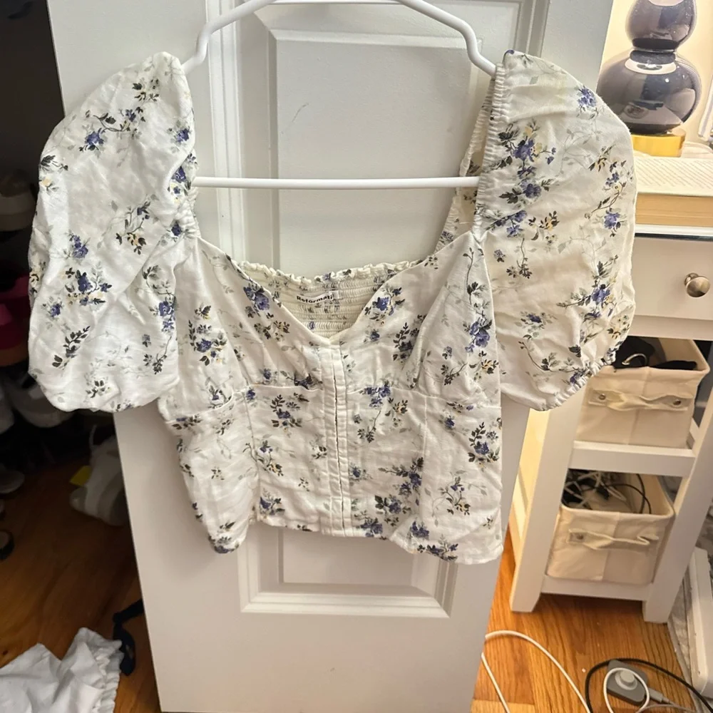 Reformation White Puff-Sleeve Square Neck Blouse with Blue Floral